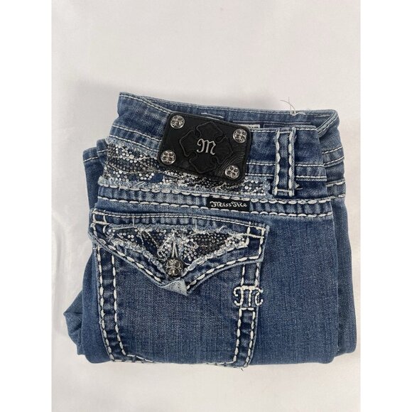 Miss Me Jeans Women's 32 Easy Boot Cut Embellished Bling Flap Pockets Denim Blue - Picture 2 of 10